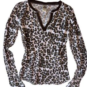 Lucky Brand Y2K Cheetah Leopard Waffle Knit Thermal Top Boho Indie XL